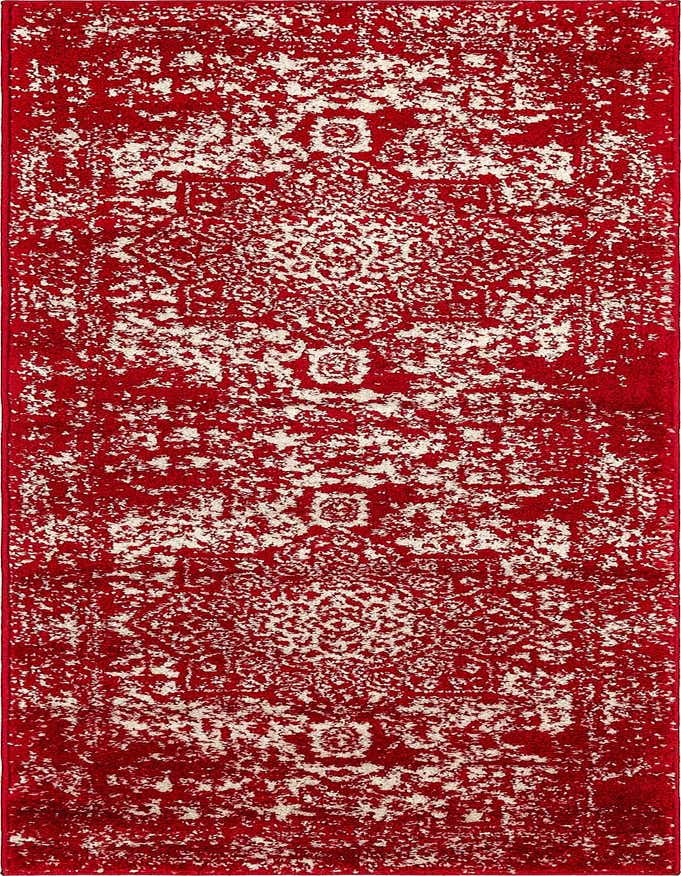 A 6 ft red runner rug with a distressed white traditional medallion pattern, ideal for a hallway or kitchen.