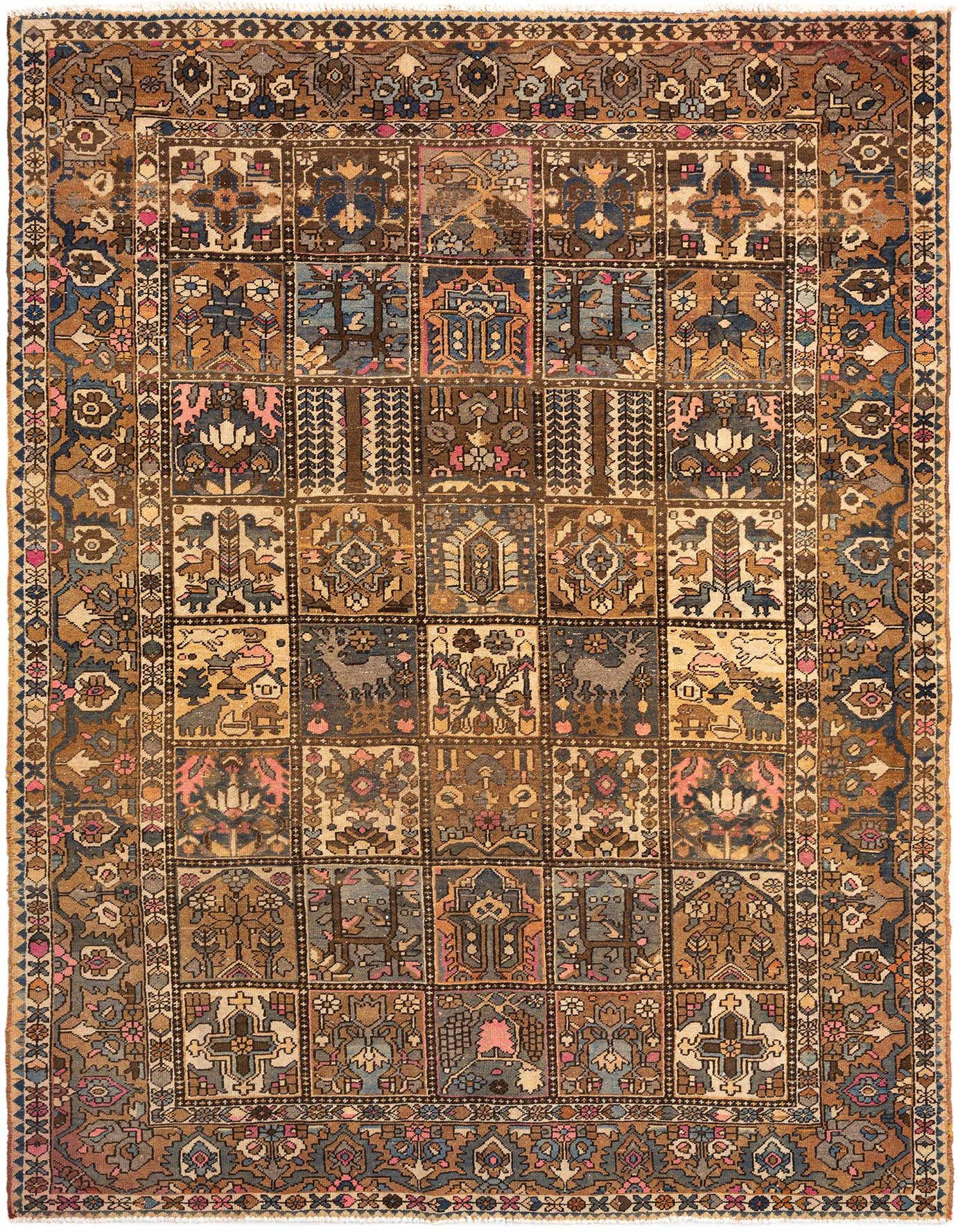 A 10 ft runner rug with a traditional Persian Bachtiar design, featuring a grid of squares with intricate patterns in reds, blues, and browns.