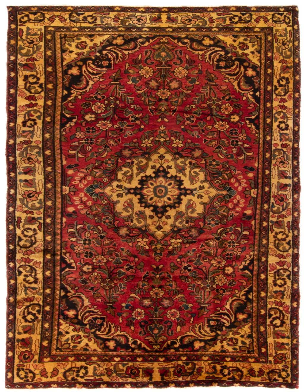 A 10 ft Bachtiar Persian runner rug in deep red with an intricate floral and medallion pattern, bordered by gold and black accents, suitable for a hallway.