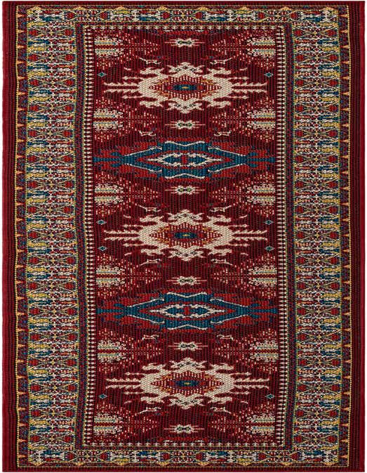 A 10 ft red runner rug with a traditional Oriental pattern in cream, blue, and yellow, ideal for a hallway or patio.
