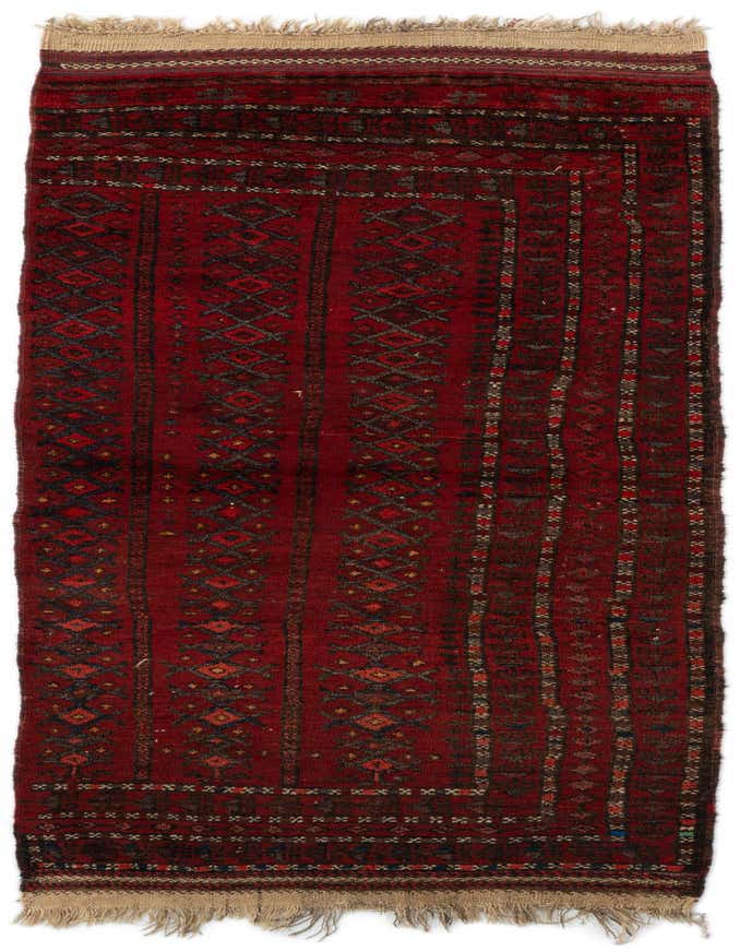 A 7 ft Balouch runner rug in deep reds with tribal patterns and thin pile, perfect for a hallway.