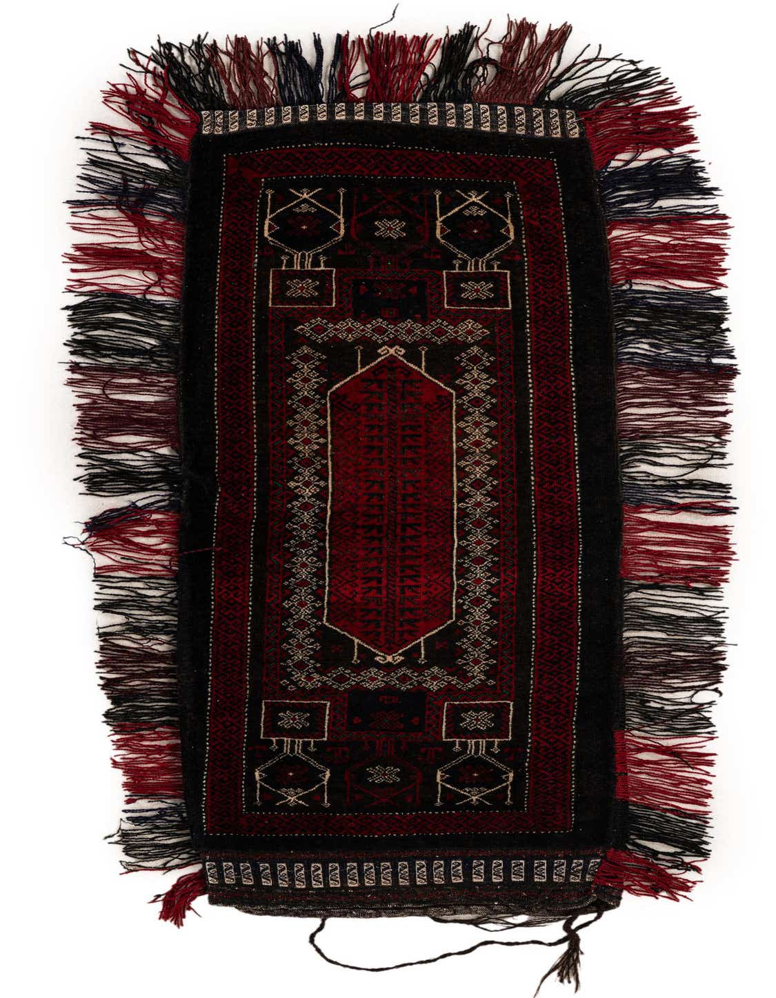 A handmade Balouch 4 Ft Runner rug featuring a traditional Persian tribal pattern in deep reds and black, with decorative fringe.