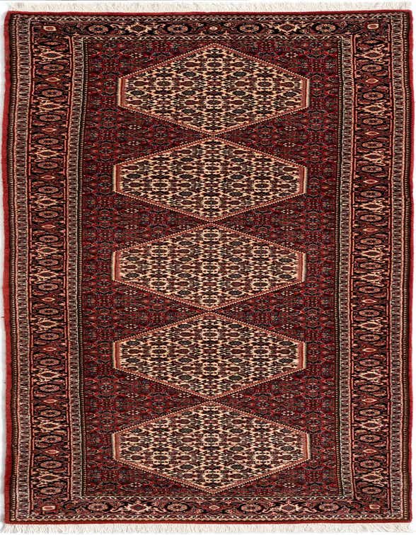 A 10 Ft Runner Bidjar Persian rug in reds, featuring intricate patterns and three large hexagonal medallions on a cream background.
