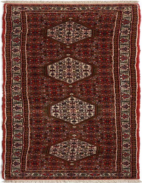 A 10 Ft Bidjar runner rug in rich reds and creams, featuring intricate Persian patterns and a central medallion design, ideal for a hallway.