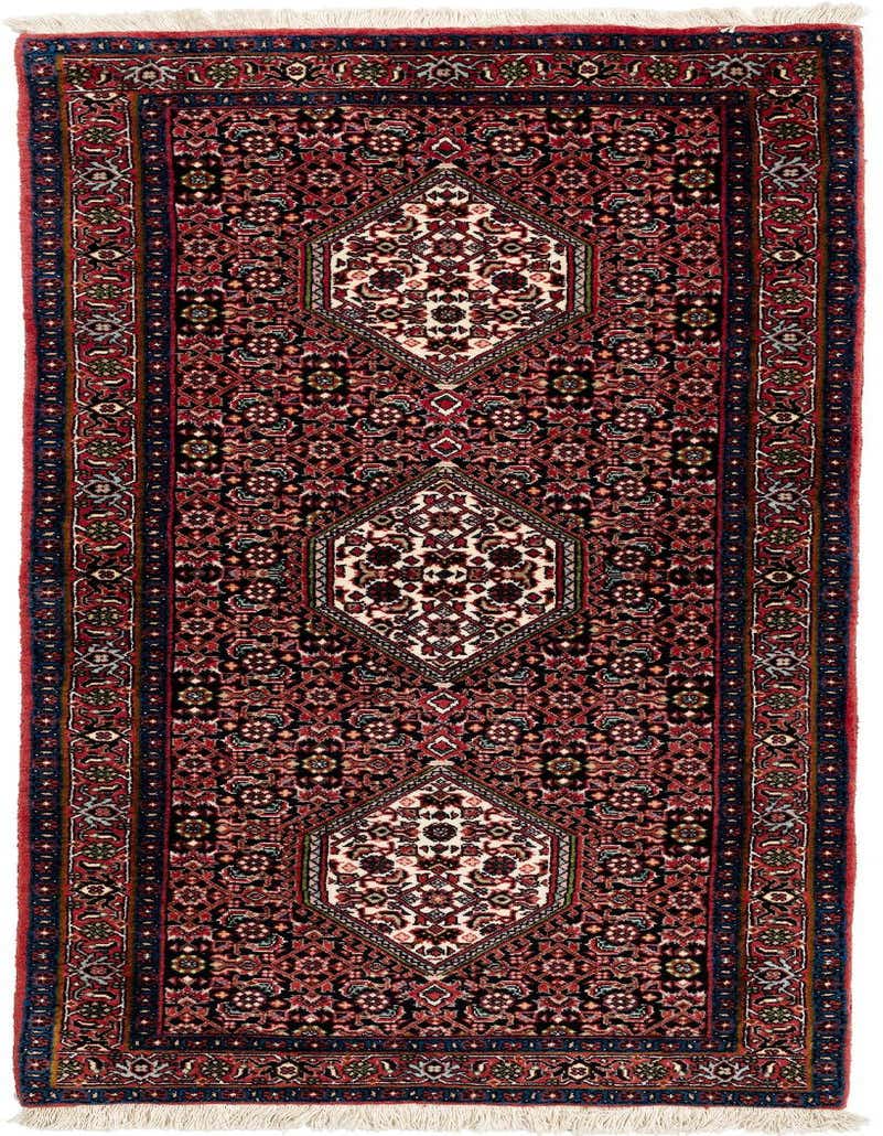 A 5 ft runner rug in traditional Bidjar style, featuring a rich red field with intricate floral and geometric patterns, and three central diamond medallions in cream and black.