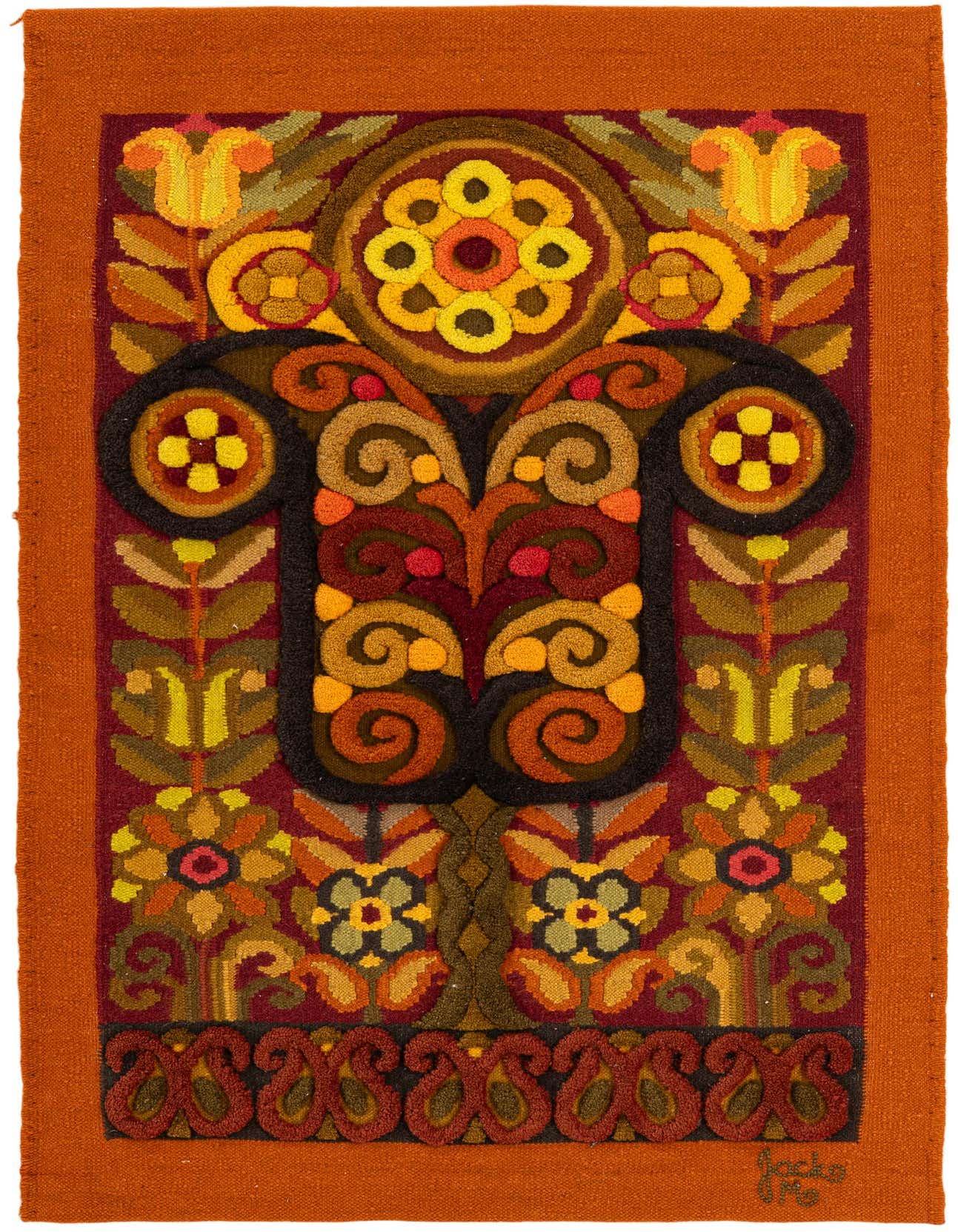 A 4 ft runner rug with a vibrant modern floral and oriental pattern in reds, oranges, yellows, and browns, ideal for a hallway.