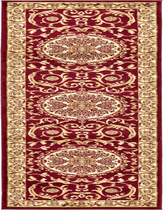 A 10 ft Chateau runner rug in deep red with intricate gold and cream traditional botanical and medallion patterns, ideal for a hallway.