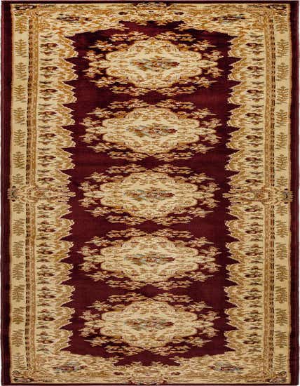 A 13 ft runner rug in traditional French Victorian style, featuring a deep red background with intricate cream and gold medallion patterns, ideal for a hallway.