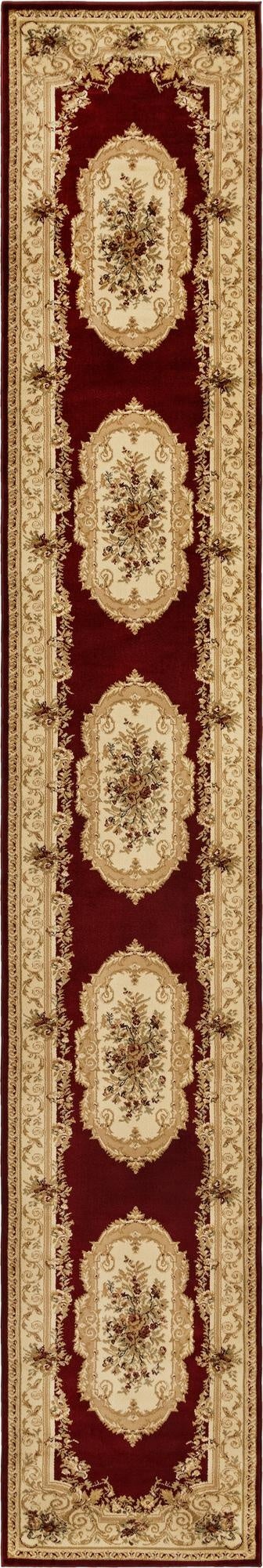 A long, traditional runner rug, 20 ft, in deep red with ornate cream and gold medallion patterns and floral accents, perfect for a hallway.