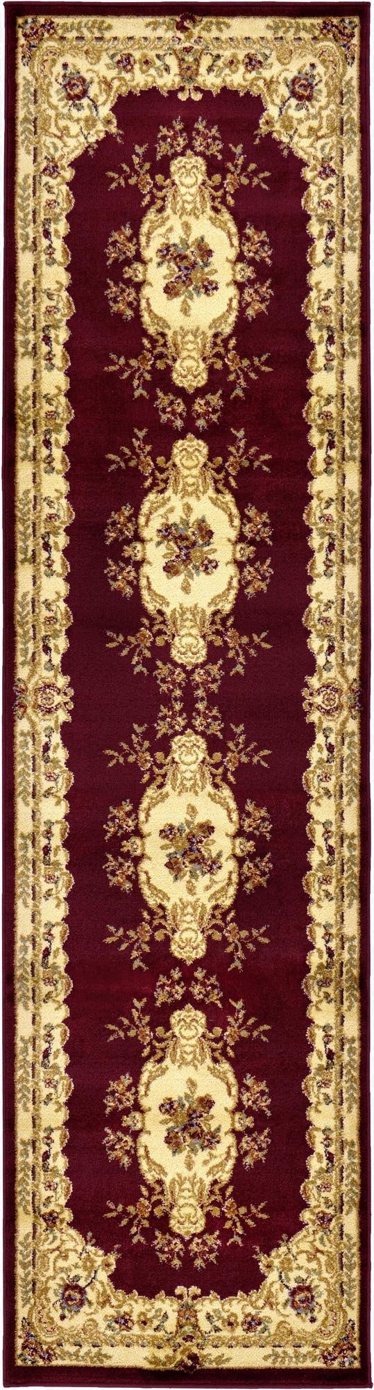 A 10 ft red runner rug with a traditional French medallion pattern in cream and gold, ideal for a hallway.
