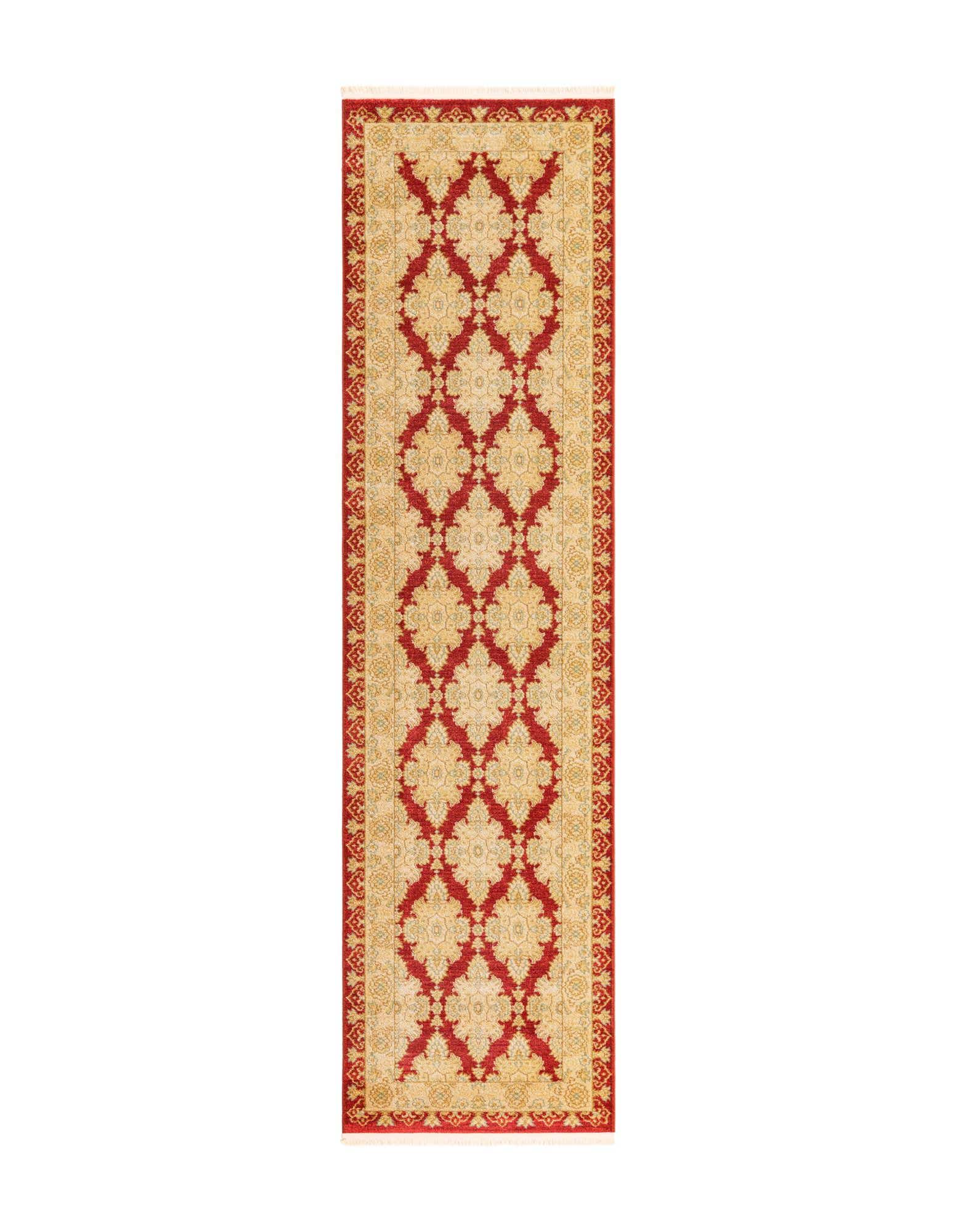 A 10 ft red and gold traditional runner rug with an intricate botanical pattern, ideal for a hallway.