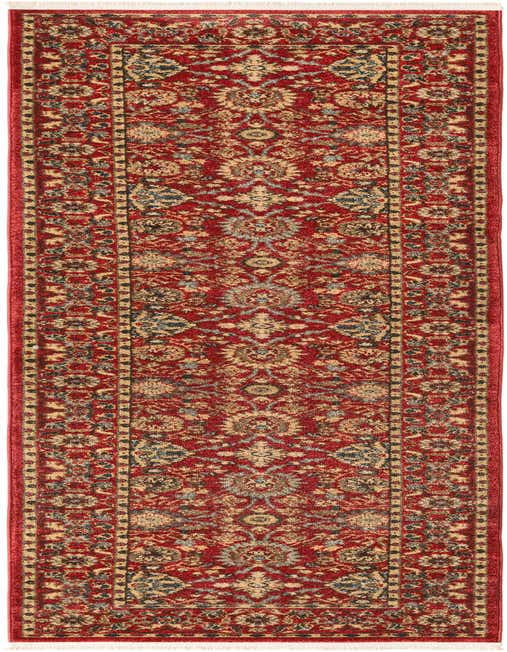 A 10 ft red runner rug with a traditional floral and medallion pattern in beige, blue, and black, suitable for a hallway.