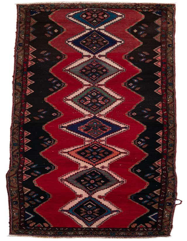 A 10 ft Chenar runner rug in red with a traditional tribal pattern featuring large, colorful medallions.