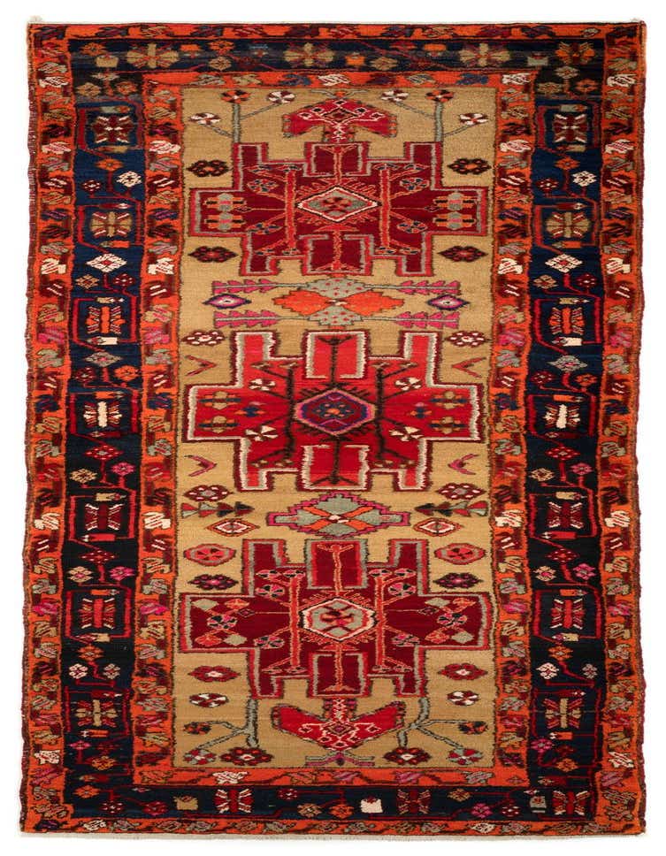 A 10 ft Darjazin runner rug featuring a warm red and gold Persian pattern with intricate geometric motifs and a dark blue border.