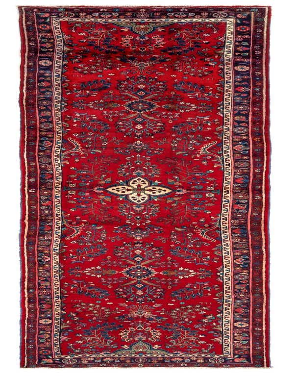 A 14 ft red Persian runner rug with intricate blue, green, and cream floral patterns, perfect for a hallway.