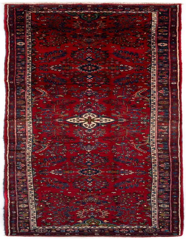 A 14 ft red Persian runner rug with intricate blue, green, and cream floral patterns, ideal for a hallway.