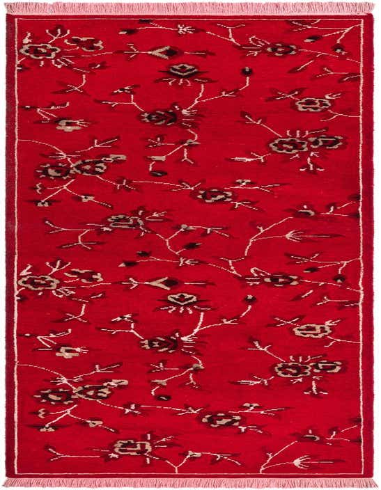 A 10 ft red runner rug with a modern Persian floral pattern in cream, black, and brown, suitable for a hallway.