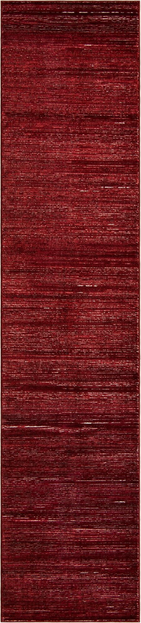 A 12 ft red runner rug with a modern textured high/low pile, ideal for a hallway.