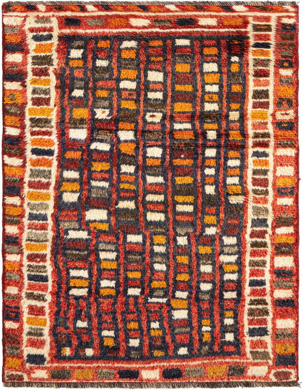 A 7 ft Gabbeh runner rug with a modern Persian design, featuring a rich red base with colorful geometric blocks in orange, white, and dark blue.