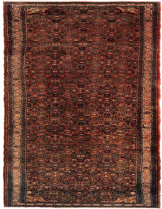 A long 14 ft Hamedan runner rug in deep reds and dark blue, featuring intricate Persian tribal patterns and a decorative border, ideal for a hallway.