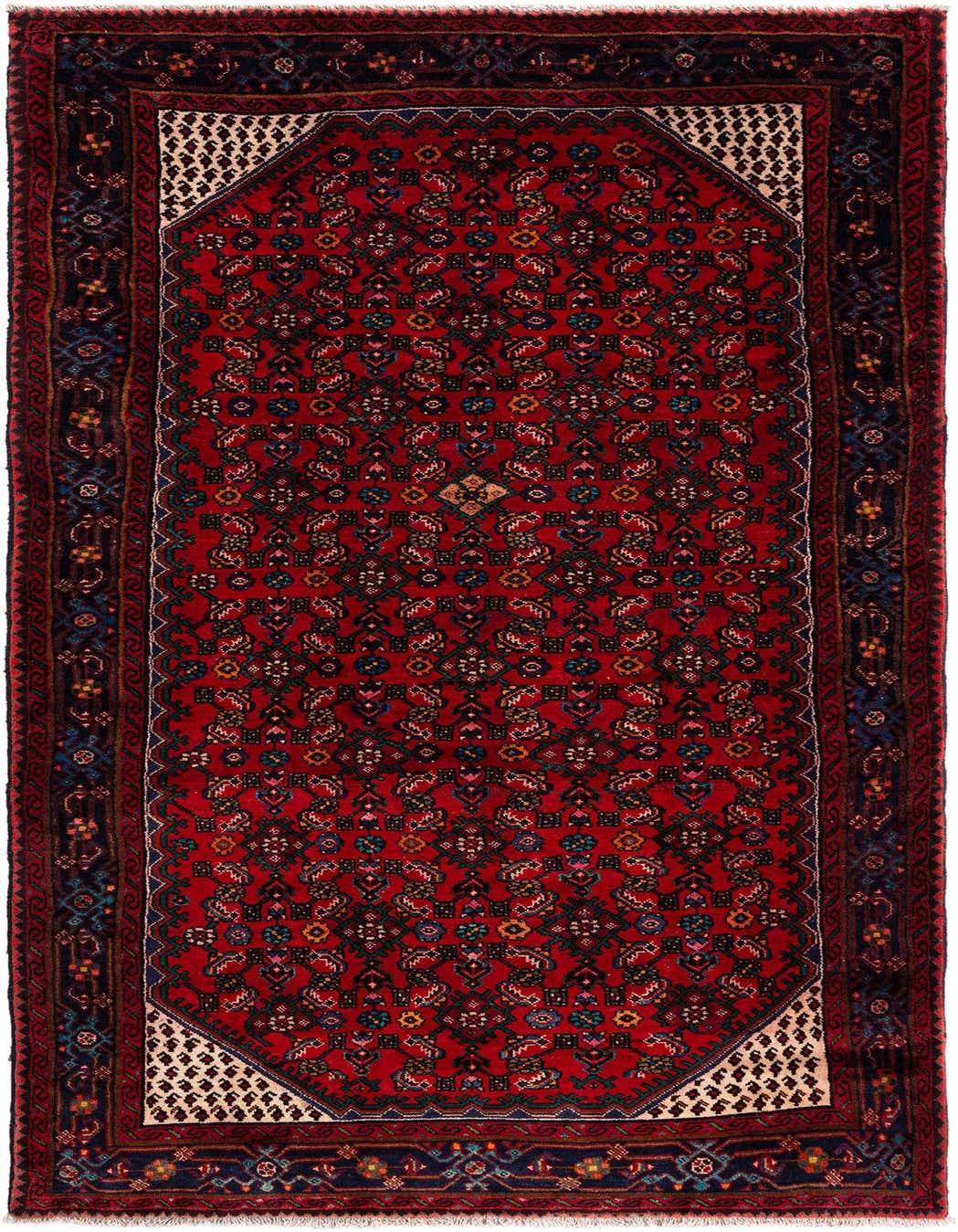 A 10 Ft Hamedan runner rug in rich red with intricate Persian tribal patterns and a dark border.