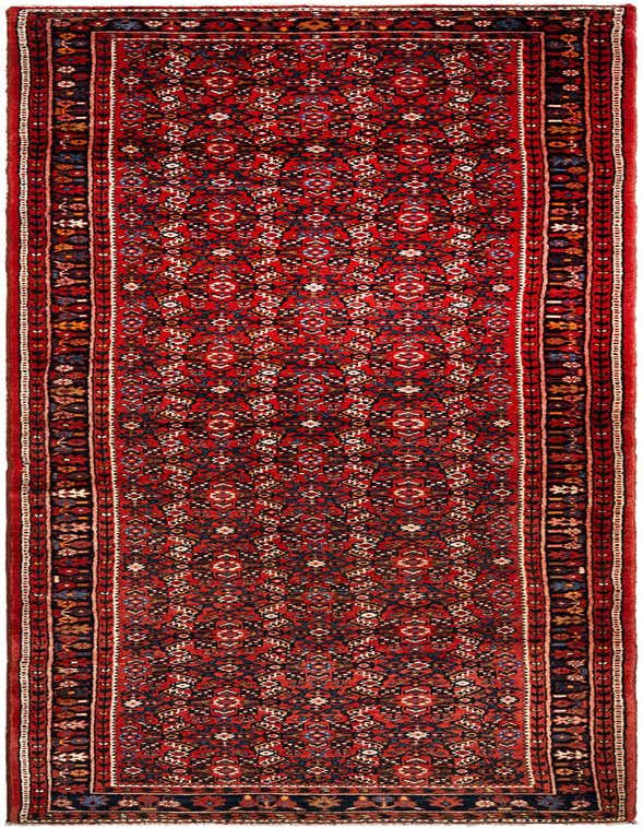 A long 13 ft runner rug in rich red with intricate Persian tribal patterns in navy, cream, and gold, ideal for a hallway.