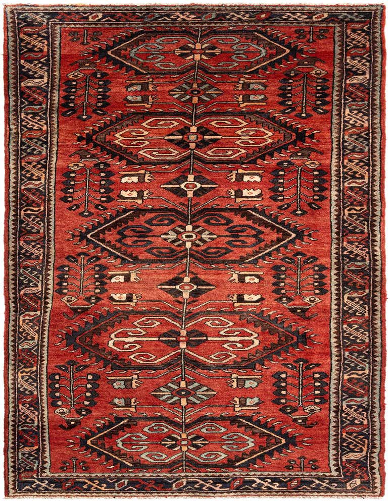 A 10 Ft runner rug in deep red with a tribal Persian pattern featuring dark blue, cream, and brown geometric motifs, perfect for a hallway.
