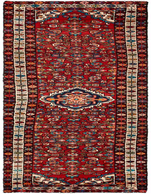 A 10 ft Hamedan runner rug featuring a rich red field with intricate tribal Persian patterns and a colorful border.