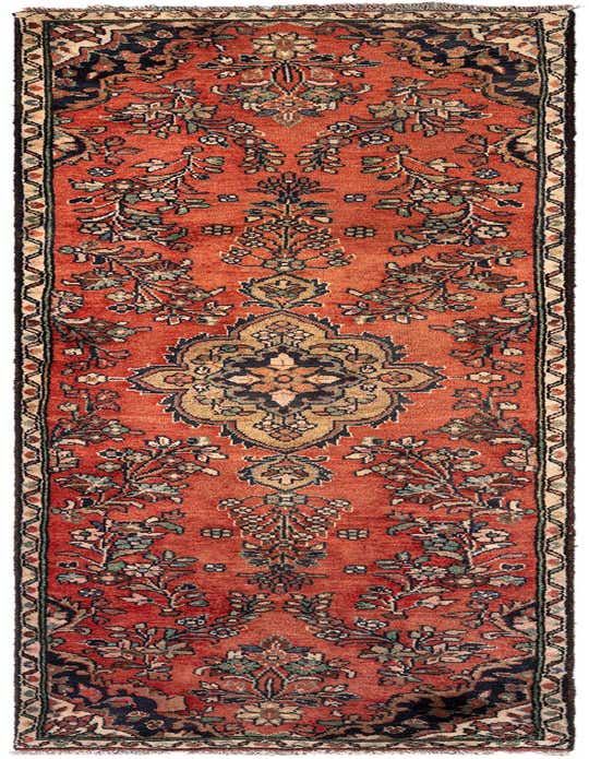 A 9 ft Hamedan runner rug featuring a vibrant red field with intricate tribal patterns in navy, beige, and green.