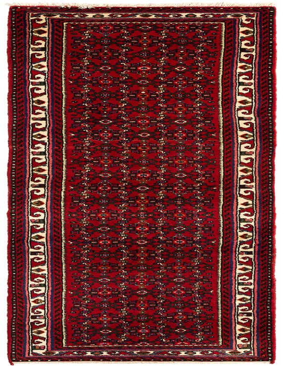 A 10 ft red tribal wool runner rug with intricate patterns and a cream border, perfect for a hallway.