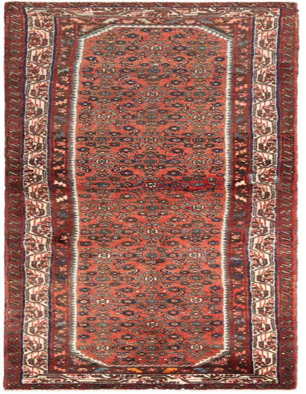 An 8 Ft Hamedan runner rug in reds, featuring a traditional tribal pattern with intricate floral motifs and a detailed border, ideal for a hallway.