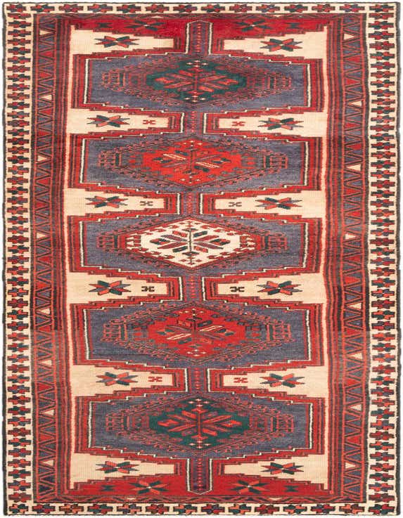 A 10 ft Hamedan runner rug in red, blue, and cream with a traditional tribal pattern, perfect for a hallway.