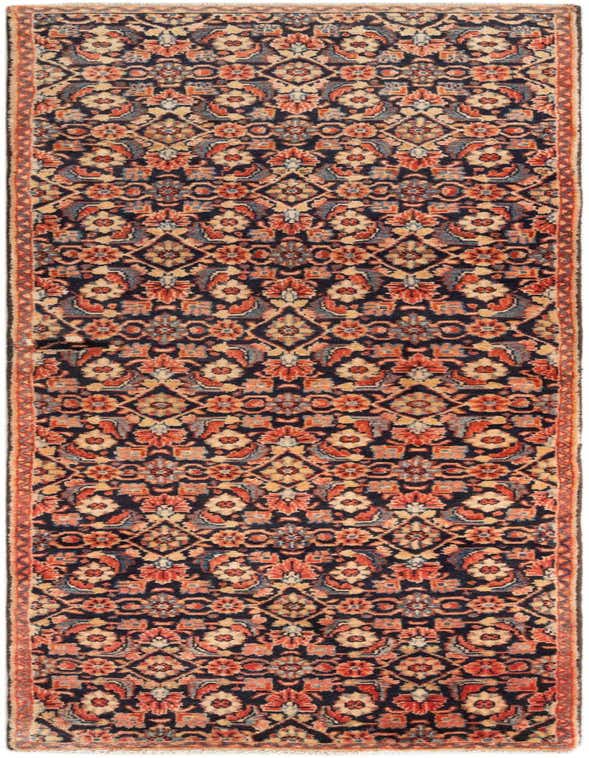 A 10 ft Hamedan runner rug in red, navy, and cream, featuring a traditional tribal pattern with floral motifs.