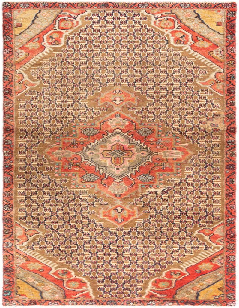 A 6 ft Hamedan runner rug featuring a tribal and traditional pattern in shades of red, brown, and cream.