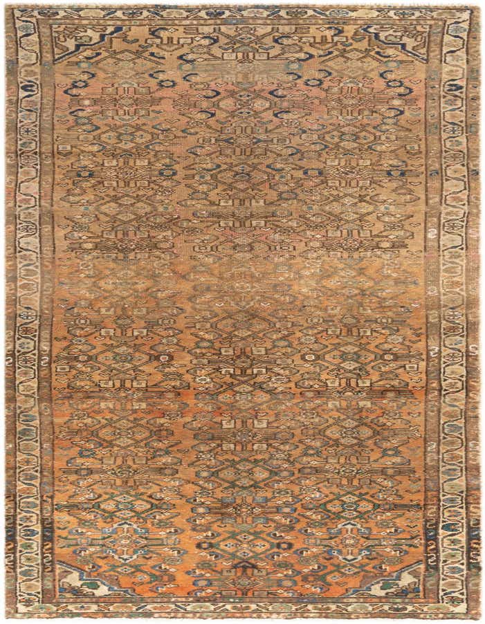 A 10 ft Hamedan runner rug in shades of red, brown, and blue, featuring a traditional tribal pattern.