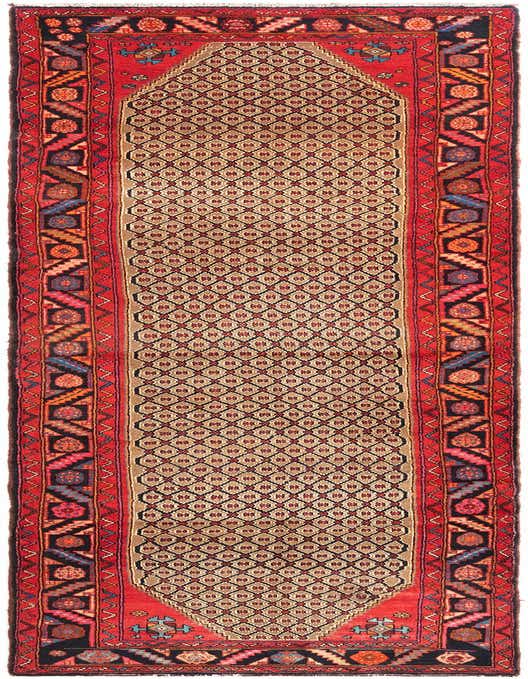 A 10 ft Hamedan runner rug featuring a warm red border with tribal patterns and a beige field with a repeating diamond motif.
