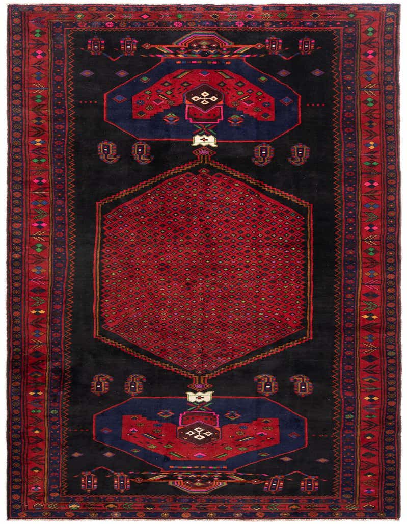 A 12 ft Hamedan runner rug featuring a tribal design with a black background, a red central medallion, and intricate patterns in various colors.
