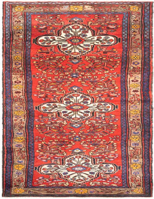 A 12 ft Hamedan runner rug in reds, featuring a traditional tribal pattern with intricate floral motifs and a detailed border.