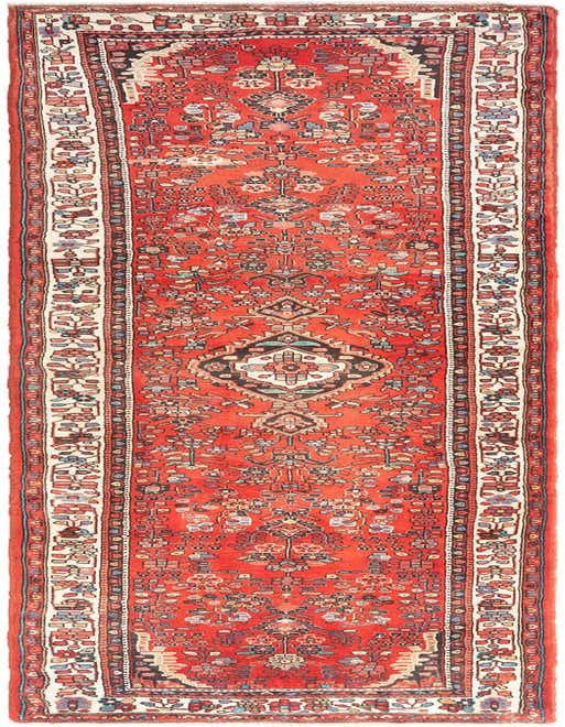 A 10 ft red tribal wool runner rug, handmade with intricate traditional patterns and a decorative border, perfect for a hallway.