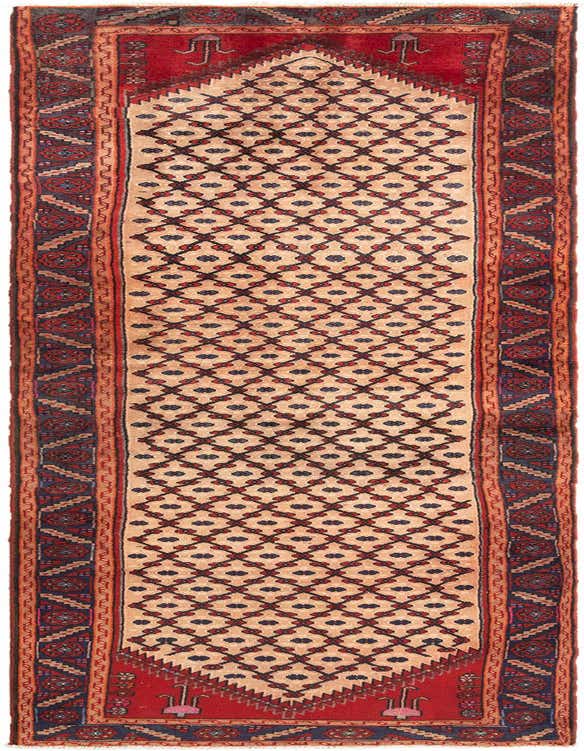 A 12 ft Hamedan wool runner rug featuring a tribal, traditional pattern in reds and beige, ideal for a hallway.