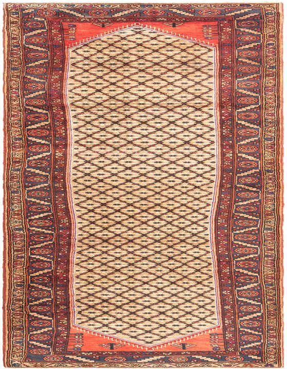 A 12 ft Hamedan runner rug in reds and beige with a tribal, traditional pattern, ideal for a hallway.