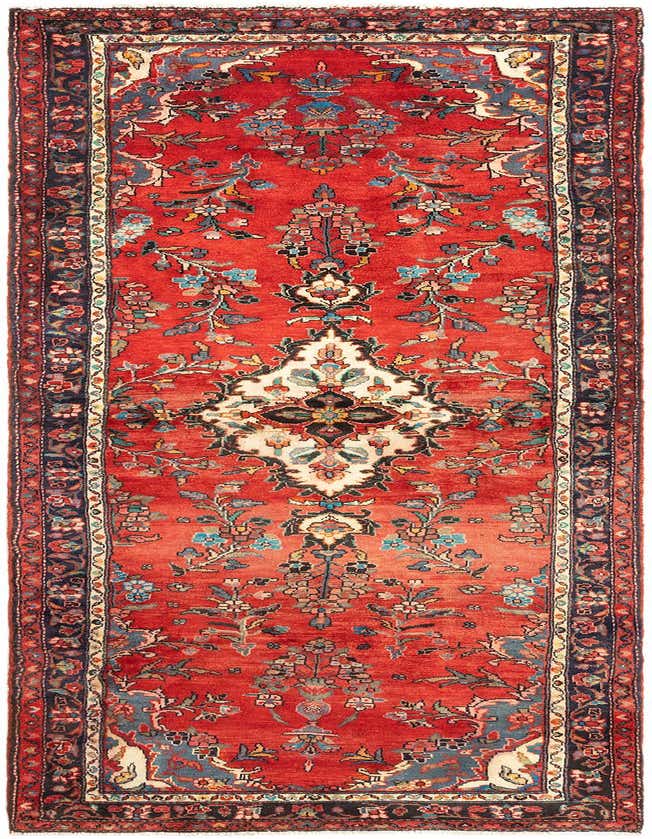 A 10 ft Hamedan runner rug in traditional tribal style, featuring a vibrant red field with a central medallion and intricate floral patterns in blue, cream, and black, framed by a dark border.
