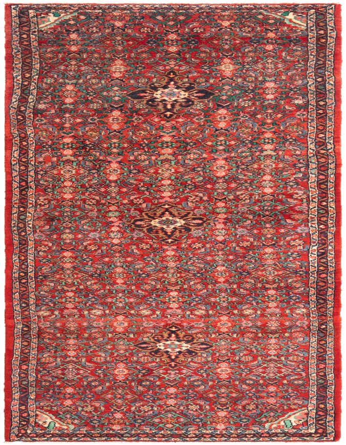 A 10 ft red tribal runner rug with intricate traditional patterns in blue, green, and cream, ideal for a hallway.