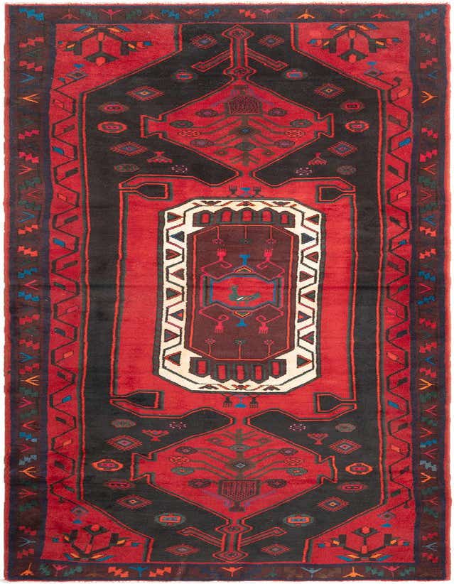 A 14 ft Hamedan runner rug in reds and dark brown, featuring traditional tribal patterns and a central medallion.