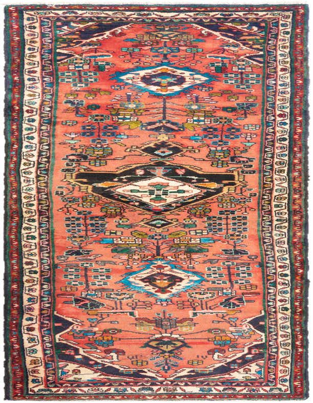 A 10 ft Hamedan runner rug in reds, featuring a traditional tribal pattern with intricate geometric and floral motifs.