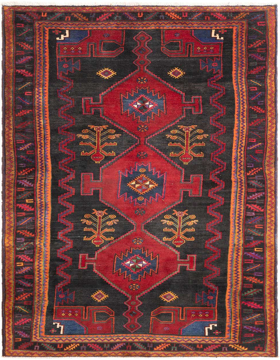 A 10 ft Hamedan runner rug in red and black, featuring traditional tribal patterns and a medium pile.
