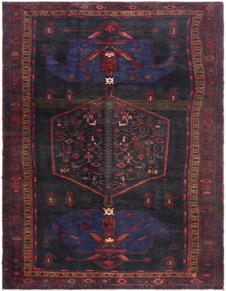 A long, narrow 12 ft Hamedan runner rug featuring a deep red tribal pattern on a dark background, ideal for a hallway.