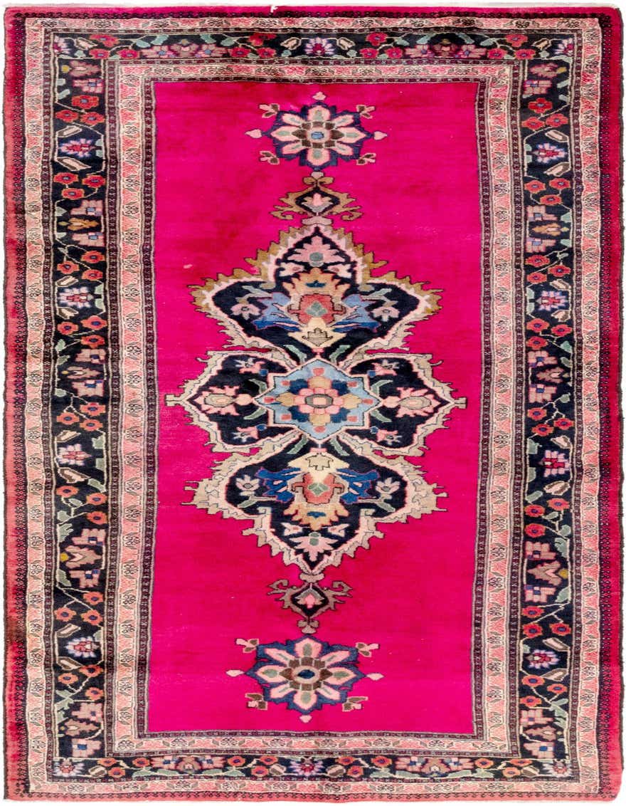 A vibrant 9 Ft Hamedan runner rug in rich red with a detailed black and floral medallion pattern, perfect for a hallway.