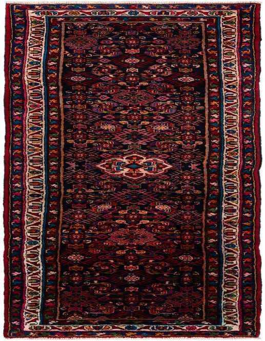 A 13 ft runner rug from the Hamedan Collection, featuring a rich red and multicolored Persian tribal pattern, perfect for a hallway.