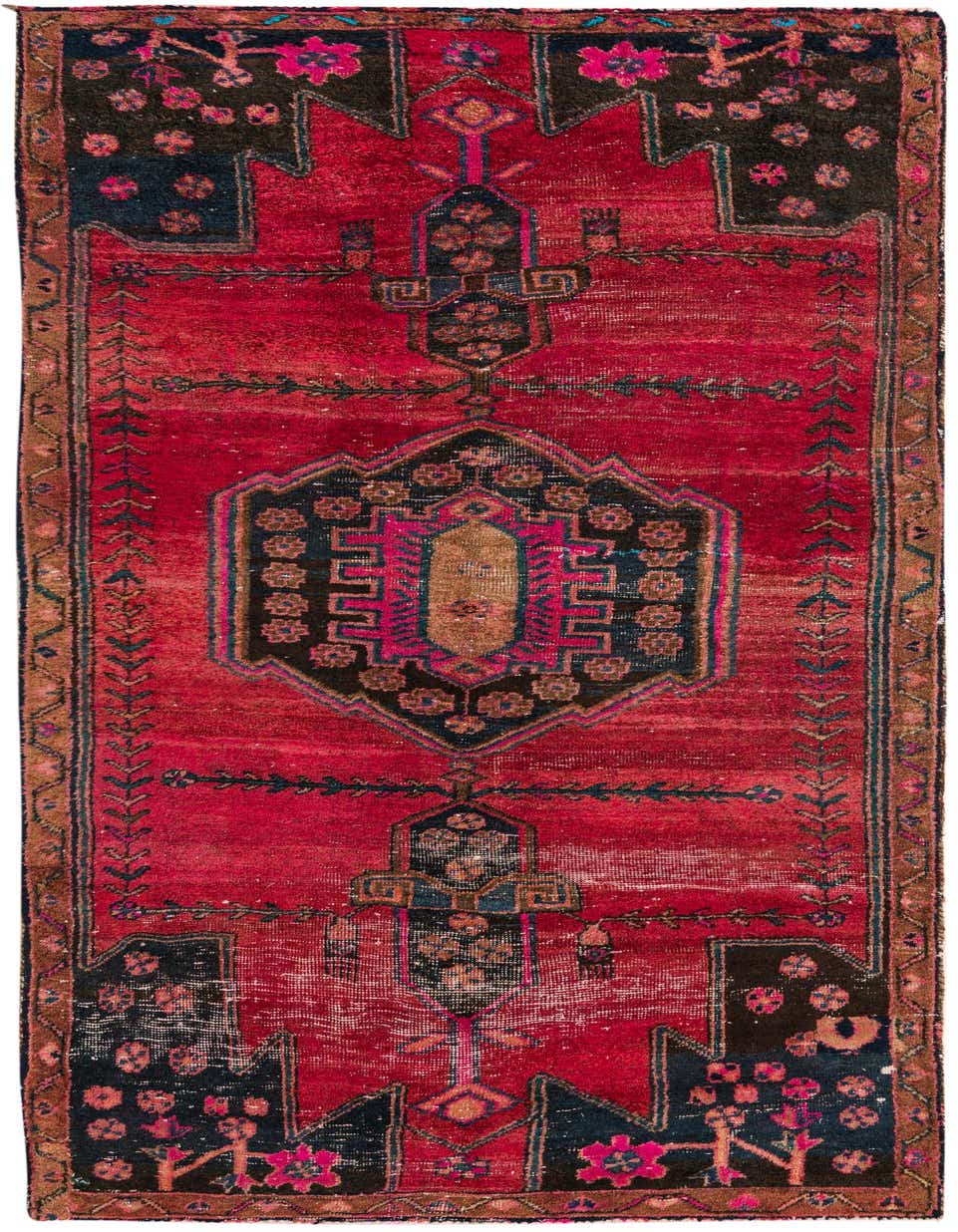 A 9 ft Hamedan runner rug featuring a traditional Persian medallion pattern in reds, dark blues, and pinks, ideal for a hallway.